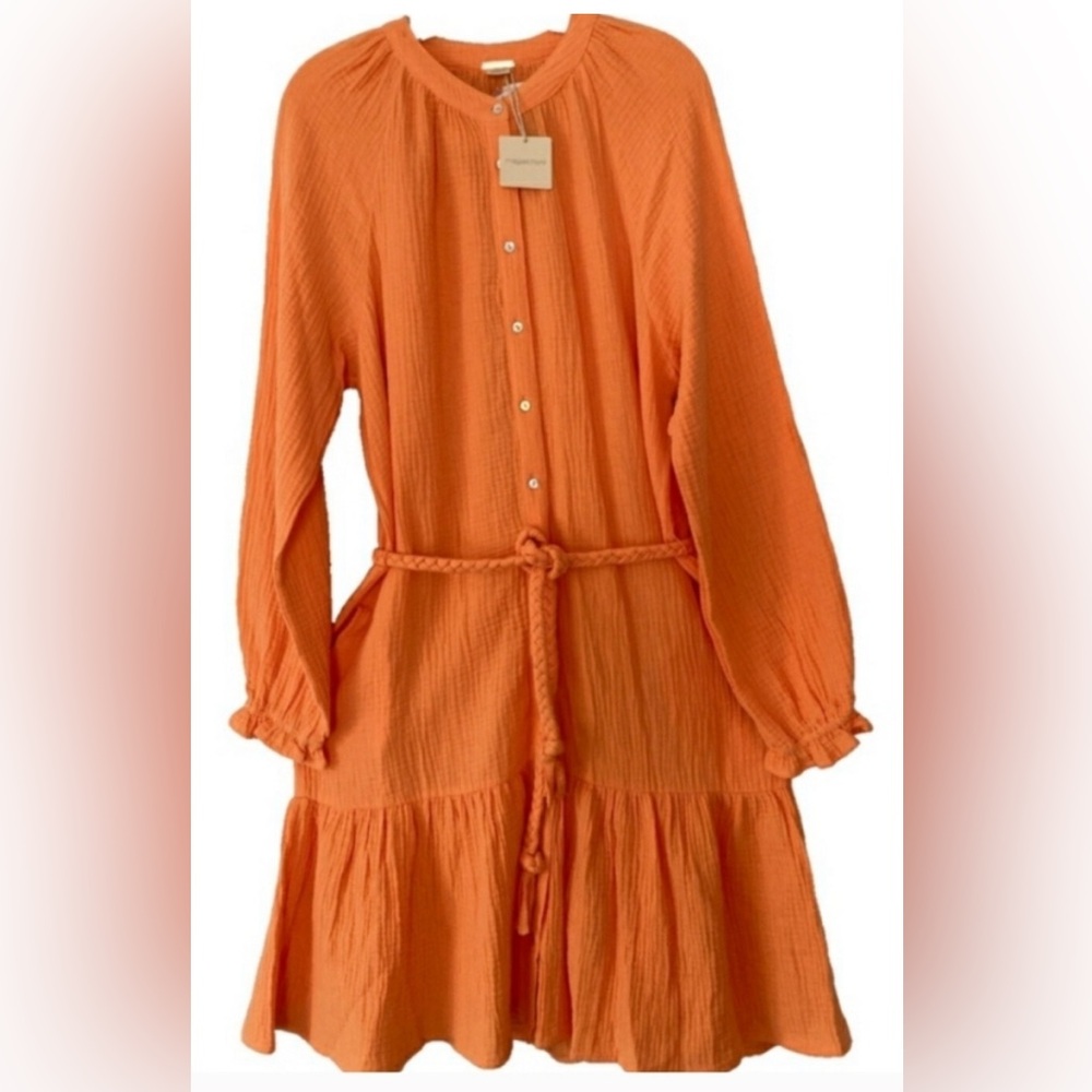 MAGASCHONI PAPAYA Orange Button Front 100% Organic Cotton Gauze L/S  Dress Med